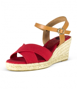 Jute Wedge heel sandals with leather buckle for women in red and brown colors