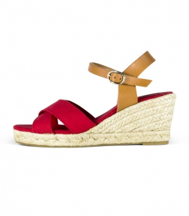 Sandalias cuña con tacón de esparto y hebilla de cuero para mujer en color rojo y marrón